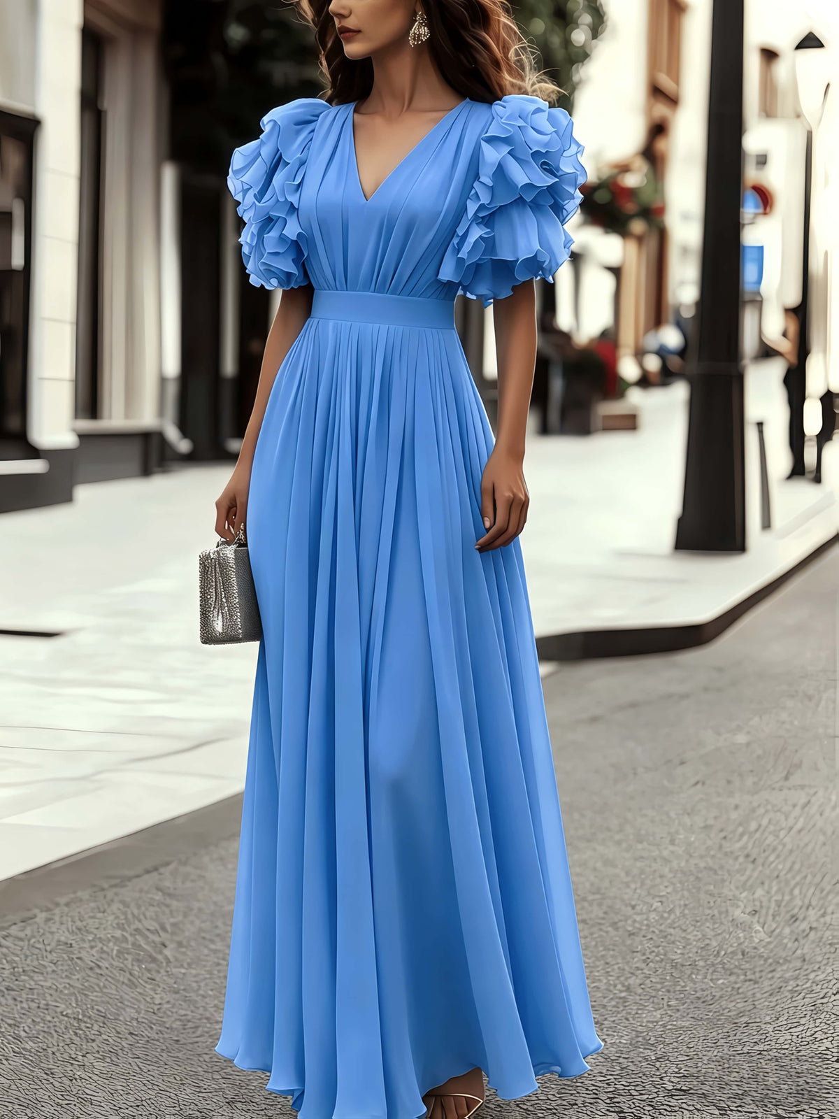 Elegant Women's Blue V-Neck Multi-Layer Ruffle Flutter Sleeve Long Dress - Waist-Cinching Pleated Dress | Temperamental Long Chiffon Gown for Evening Parties, Dates, and Vacations - Sky Blue