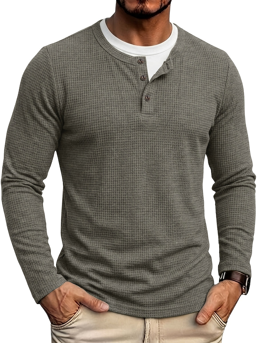 Autumn/Winter Cross-Border Men's Long Sleeve Crew Neck 2-in-1 Look Henley Shirt European and American Men's Pullover Base Layer T-shirt - Dark Gray