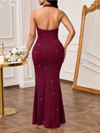 Women'S Solid Color Backless Fitted Elegant Dress, Suitable for Christmas Parties, Vacations, Dates, New Year'S Outfits, Long Evening Dresses, Bridesmaid Dresses - Burgundy