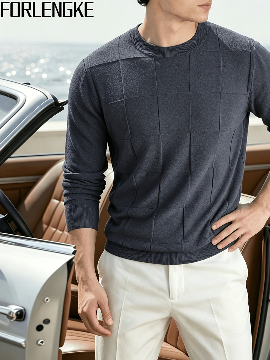 FORLENGKE Men's Casual Commuter-style Checkered Knit Sweater with Checkered Jacquard, Soft and Breathable Knit Fabric, Classic Crew Neck Long-sleeve Pullover Style, Suitable for Various Outfit Occasions, Autumn and Winter Daily Casual Men's Top - Dark Grey