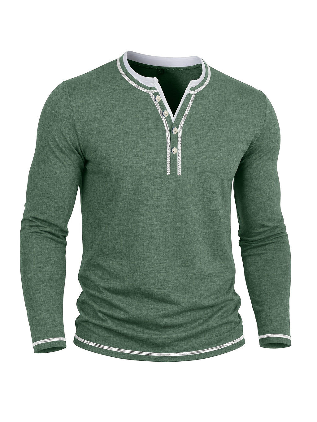 Cross-Border Men's Long Sleeve Crew Neck T-Shirt 2-in-1 Look Henley Shirt European and American Men's Pullover Top Base Layer Shirt - Green