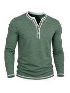 Cross-Border Men's Long Sleeve Crew Neck T-Shirt 2-in-1 Look Henley Shirt European and American Men's Pullover Top Base Layer Shirt - Green