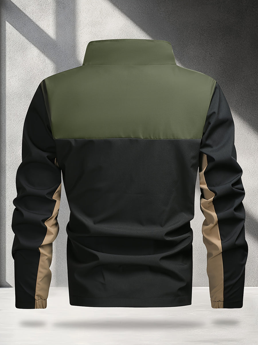 Men's Outdoor Performance Jacket, Lightweight, Quick-Drying, Color Block, Fashionable Contrast Color Design, Color-Block Soft Shell Jacket - fern green
