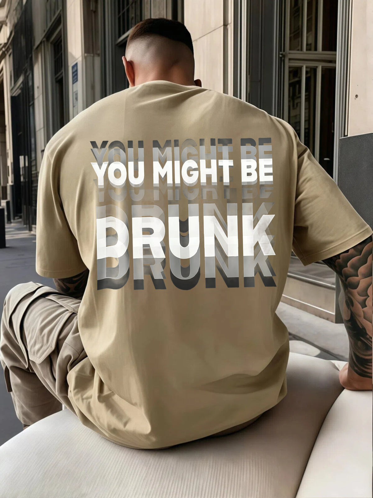 Casual Streetwear Style, Men'S T-Shirt, You Might Be Drunk Text Graphic Design, Summer Urban Outdoor Wear, Gift for Boyfriend Or Best Friend - Khaki