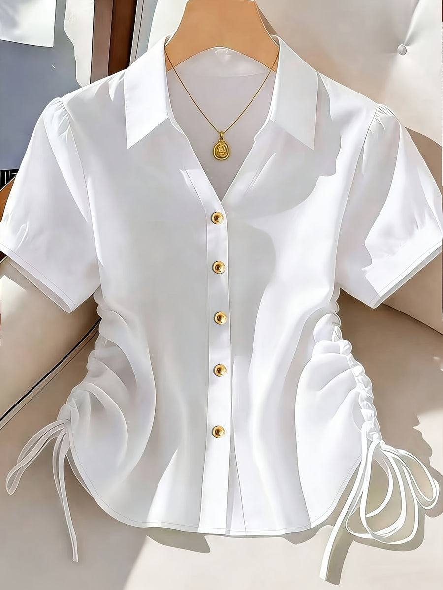 Women'S Solid Short Sleeve Side Tie Drawstring Casual Shirt - White