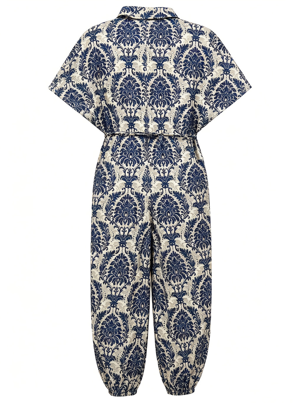 Summer Women'S Casual Printed Jumpsuit, Wide Leg Elastic Ankle Romper, Ethnic Print Vacation Style Fashion Wear, Lapel Neckline And Belt Women'S Trousers - Mixed colors