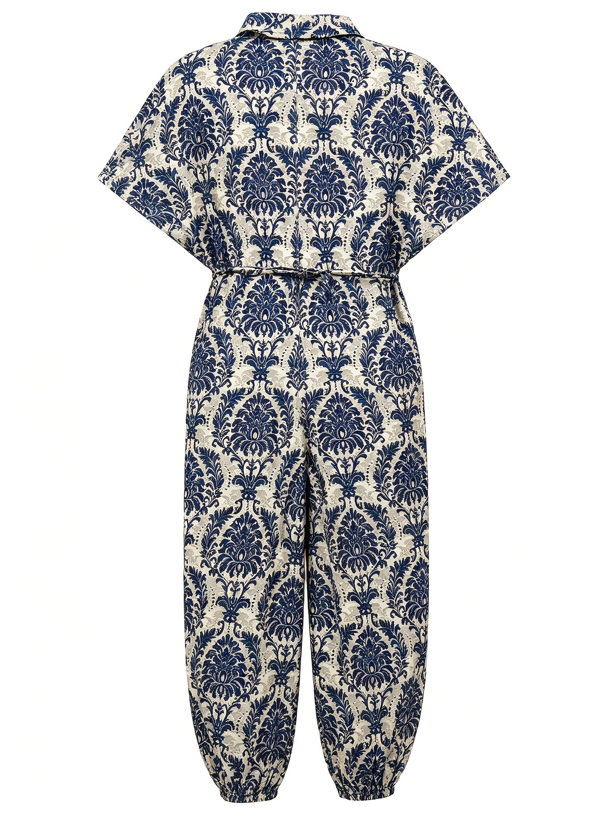 Summer Women'S Casual Printed Jumpsuit, Wide Leg Elastic Ankle Romper, Ethnic Print Vacation Style Fashion Wear, Lapel Neckline And Belt Women'S Trousers - Mixed colors
