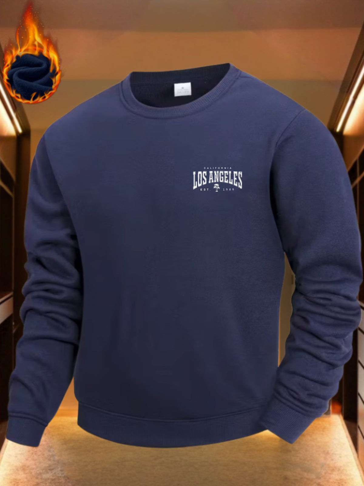 Vintage Style, Men'S Round Neck Sweatshirt, Los Angeles Text Print Design, Soft Fleece Lined Fabric, Casual Daily Wear Or Travel Outfit, Birthday Gift for Him Or Boyfriend - Navy Color