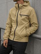 Men's Hooded Functional Jacket, Outdoor Casual Windproof Outerwear, Stand Collar Zipper Multi-Pocket Top, Spring/Autumn Urban Commuting Sports Jacket - Khaki