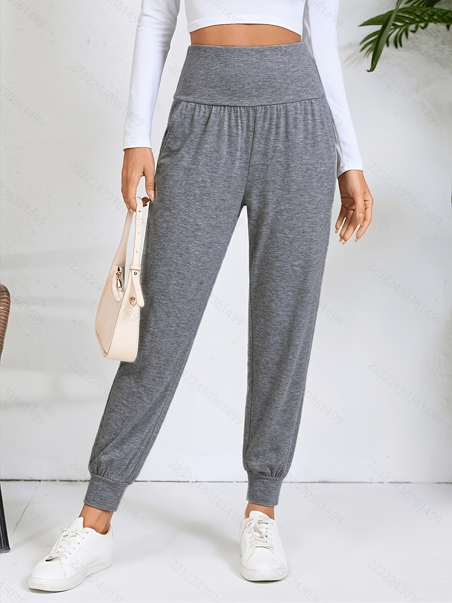 An Elegant Women's Casual High-waisted Pants with Slant Pockets. Women's Pants and Cuffed Long Pants for Spring, Summer, and Autumn - Dark Gray
