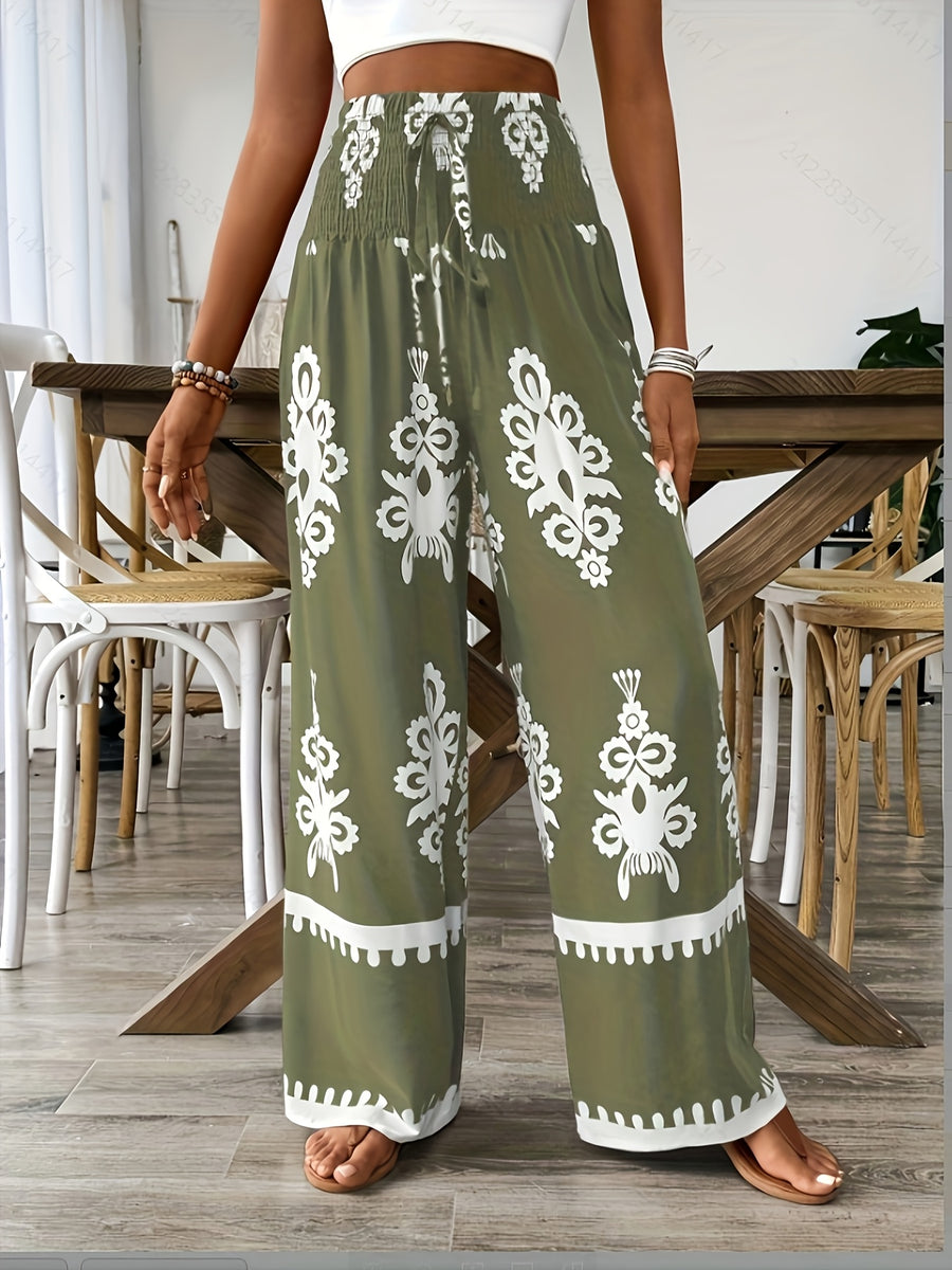 Floral Waist-Tie Fashion Casual Printed Pants, Women's Long Wide-Leg Trousers - Olive