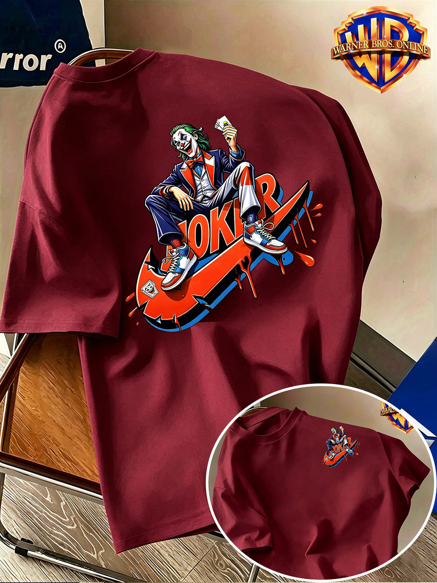 Warner Bros. Authentic Men's 100% Short-Sleeve T-Shirt, Trendy Hip-Hop Character Top, Featuring a Dominant Seated Figure Holding Playing Card Accessories, Adorned with Red-Orange Color-Block Dripping Enamel Paint Patterns, Exceptional Visual Impact - Burgundy