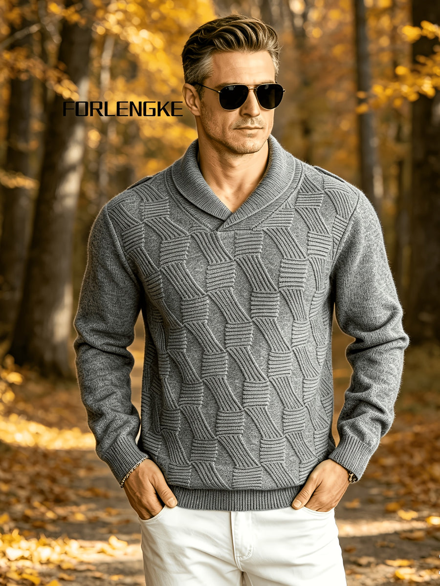 FORLENGKE Men's Business Casual Stylish Geometric Textured Knit Sweater, Soft Warm Long Sleeve Pullover for Fall Winter Office Daily Wear - Grey