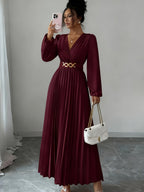 Solid Color V-Neck Long Sleeve Draped Hem Elegant Maxi Dress - Burgundy