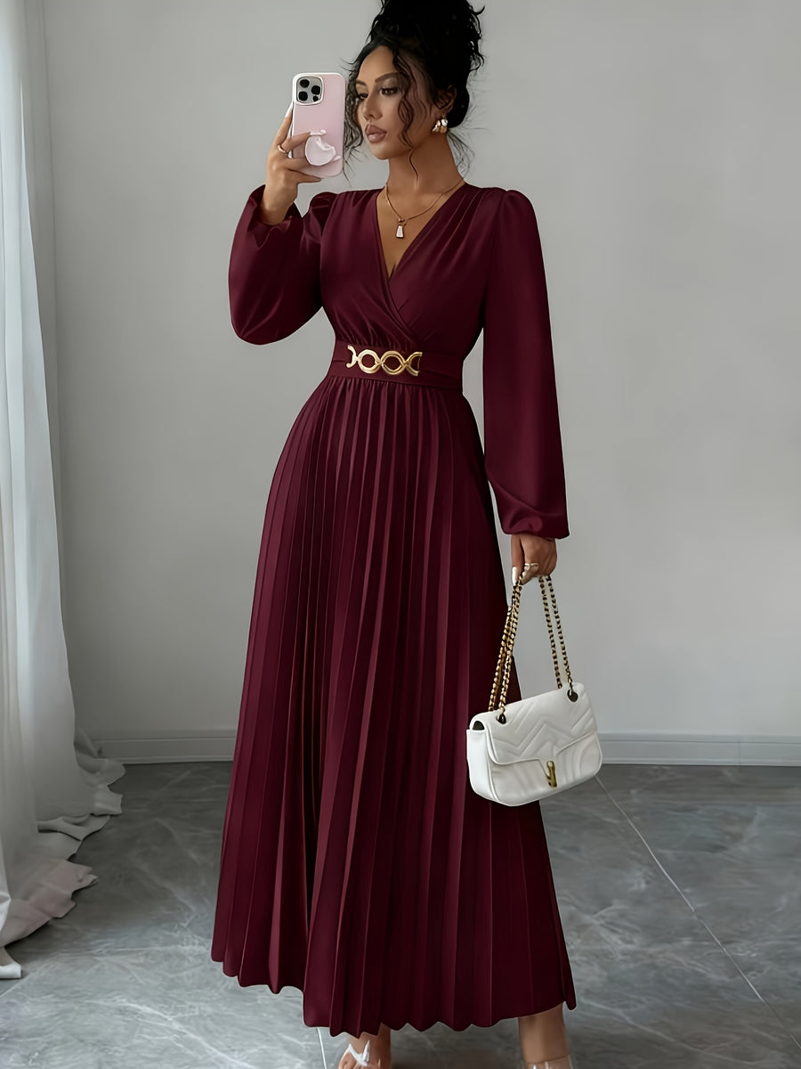 Solid Color V-Neck Long Sleeve Draped Hem Elegant Maxi Dress - Burgundy