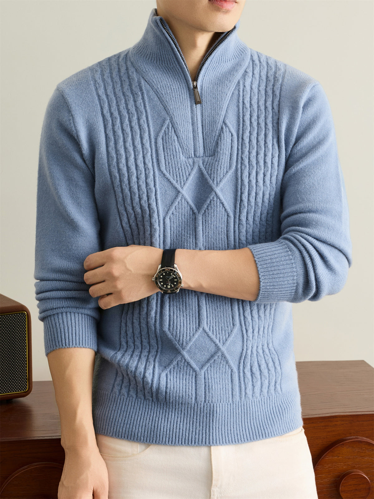 Autumn Winter Knit 3D Solid Half-Zip Stand Collar Sweater, Basic Knit Pullover Top for Men, Fashionable Long Sleeve Sweater, Size S - Light Blue
