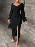 New European and American Style Fashion Slimming Split Long Sleeve Dress Trend - Black