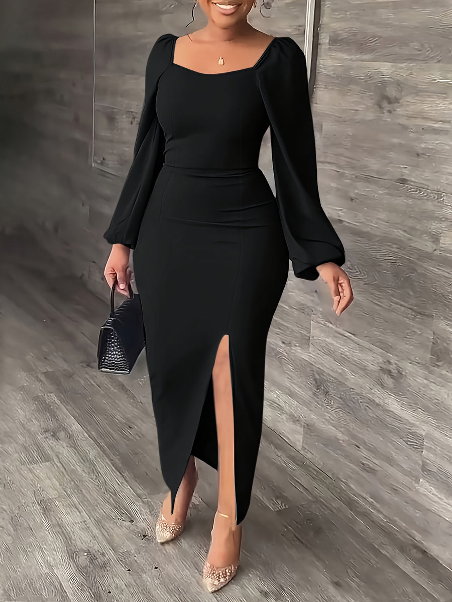 New European and American Style Fashion Slimming Split Long Sleeve Dress Trend - Black