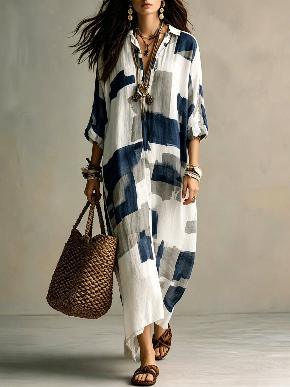 Women'S Temperament Lapel Loose Long Sleeve Dress, -Like Blend Fabric Skin-Friendly Breathable Vacation Commute Daily Versatile Style, Easy Design Spring Summer Fall Fresh Lazy Style Long Dress - Navy Color