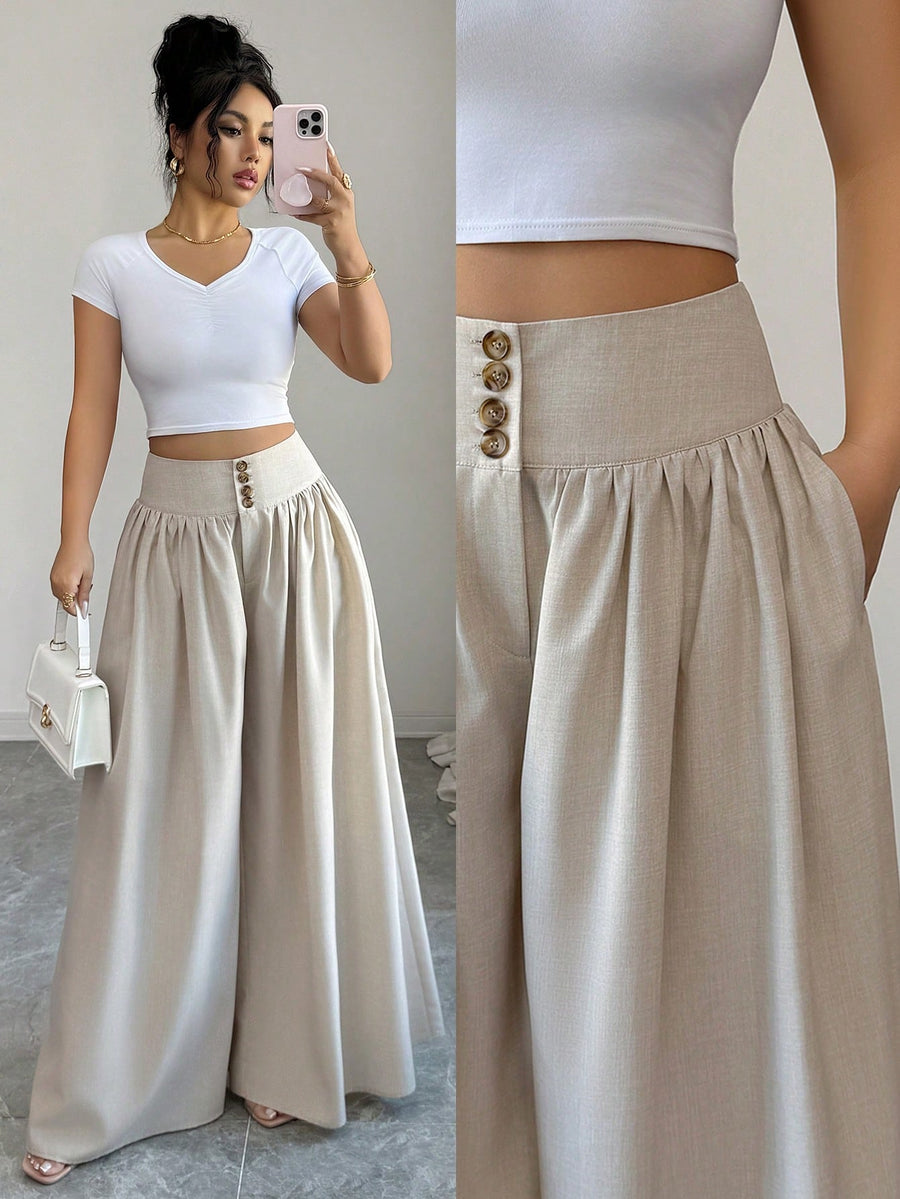Women's Spring/Summer Waist-Cinching Long Wide-Leg Pants with Pockets, Size 25 - Apricot
