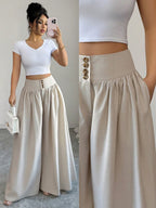 Women's Spring/Summer Waist-Cinching Long Wide-Leg Pants with Pockets, Size 25 - Apricot
