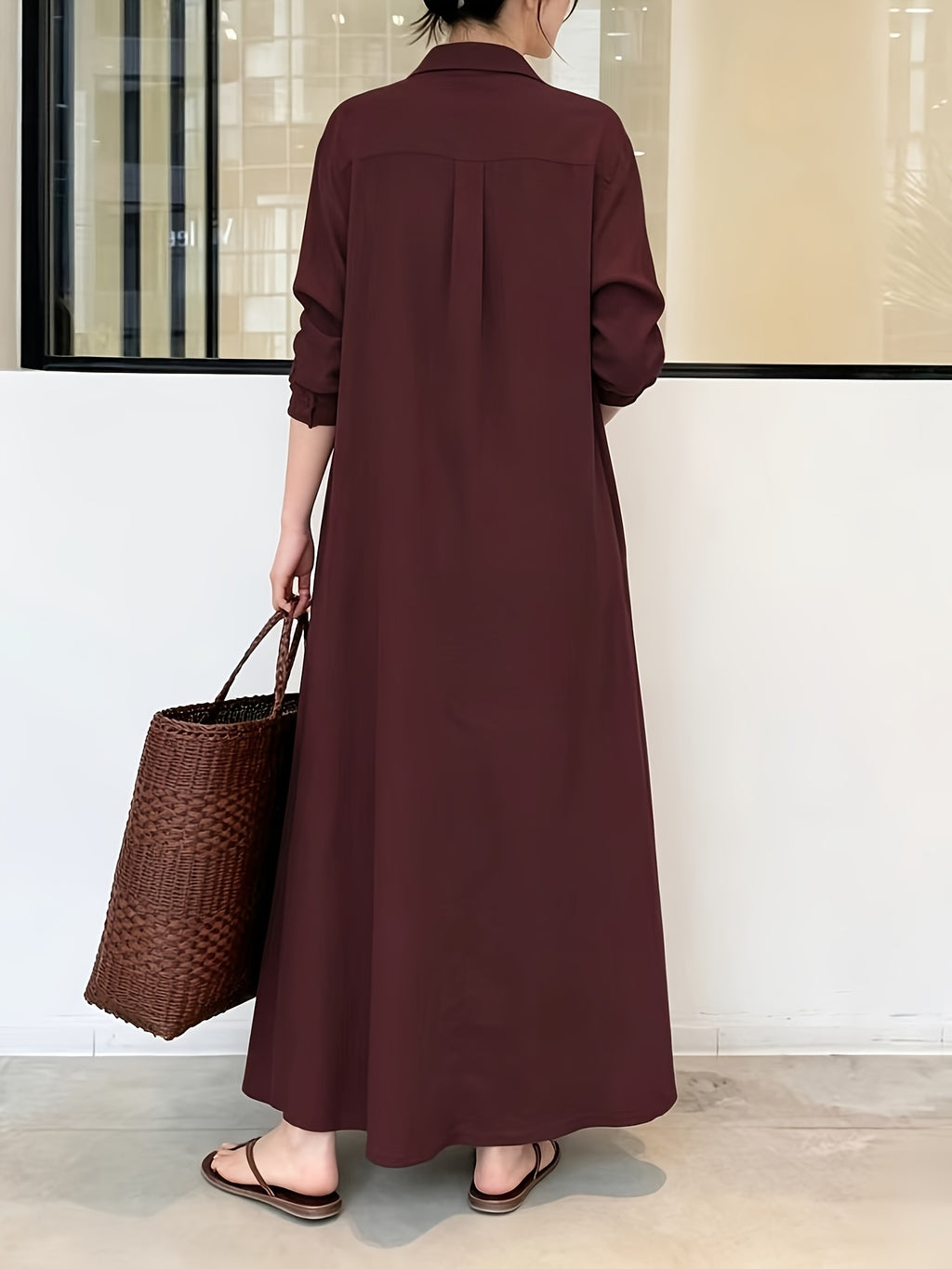 In Stock European And American New Solid Color Lapel Long Sleeve Pocket Easy Loose Casual Long Dress 1pc - Burgundy