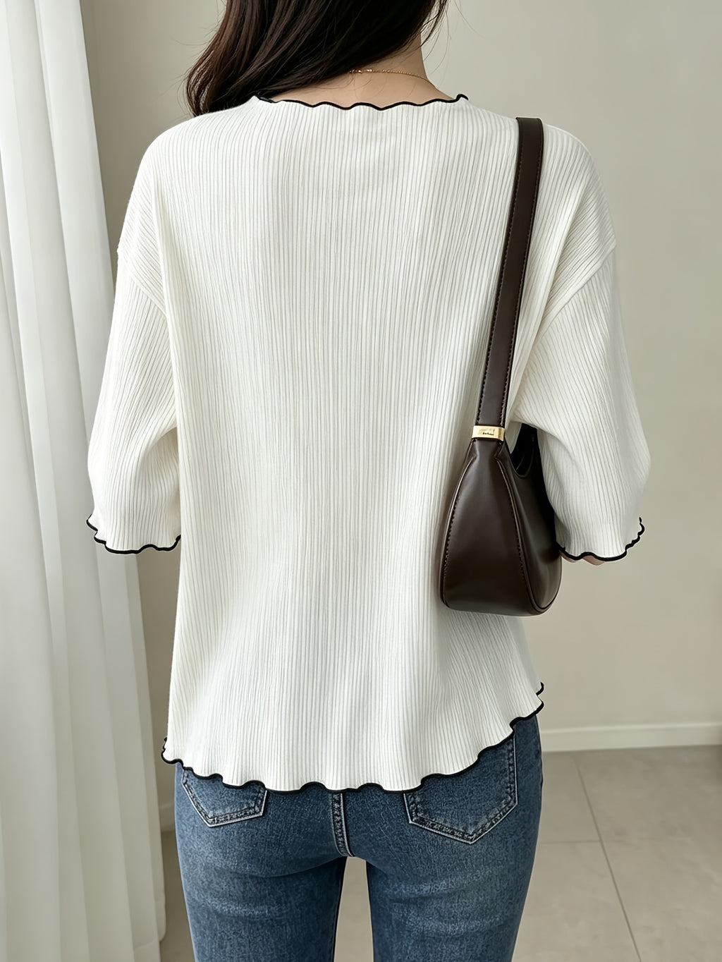 Women's French Ruffle Top - Spring Summer Stretchy High-Elasticity Ruffle Trim Shirt, Solid Color Non-Sheer Machine Washable Suitable for Daily Commute, Office & Casual Wear, French Style Wardrobe Essential - White