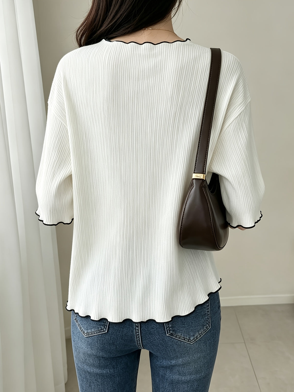 Women's French Ruffle Top - Spring Summer Stretchy High-Elasticity Ruffle Trim Shirt, Solid Color Non-Sheer Machine Washable Suitable for Daily Commute, Office & Casual Wear, French Style Wardrobe Essential - White