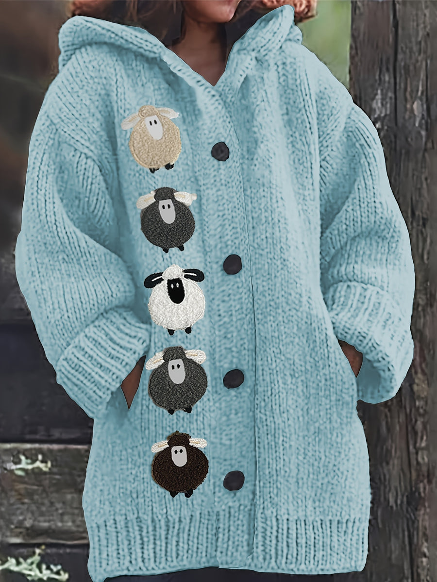 Winter Women's Elegant Hooded Oversized Outerwear Jacket, Multi-Color Little Lamb, Chunky, Soft, Thick, Beautiful, Stylish, Comfortable, Casual, Vintage, Commuting Cardigan, Gift - Sky Blue
