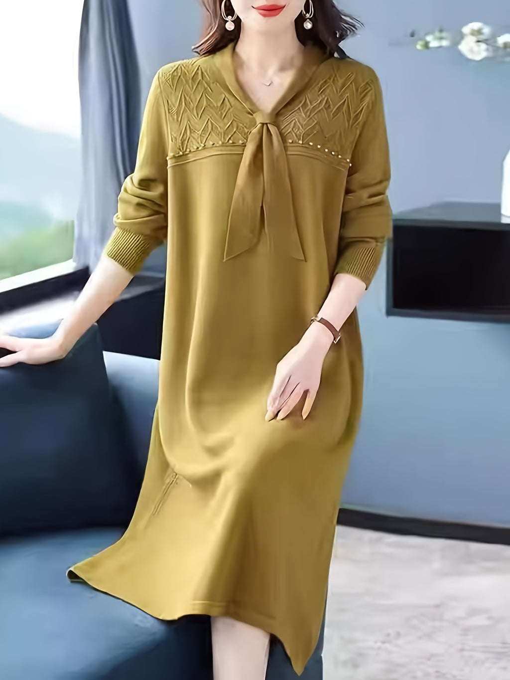 Solid Mid-Length Sweater Skirt Women'S 2026 Autumn Winter New Loose All-Match Temperament Age-Reducing Sweater Dress - Yellow