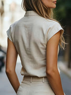 Stand-Up Collar Sleeveless Shirt Women'S Summer Commute V-Neck Top Temperament Office Blouse Women'S Summer Clothing - Apricot