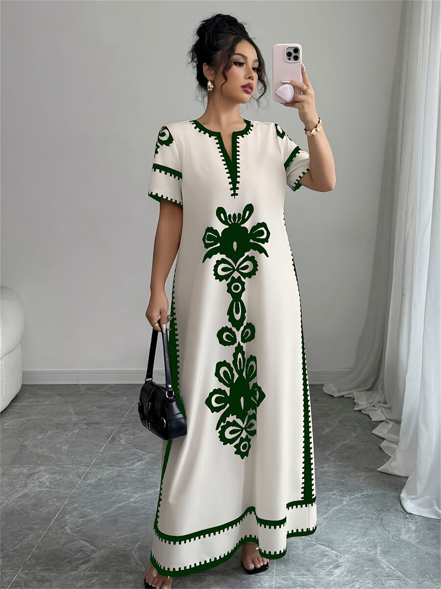 Middle Eastern Ramadan Themed Elegant Spring And Summer Party Dress with a V-Neck Short Sleeves And Paisley Print - Green
