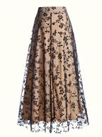 New High-Waisted Mesh Skirt with Loose Floral Embroidery A-Line for Women - Apricot