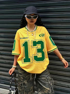Women's Street Style Academic Drop-Shoulder T-Shirt, Printed with "33.02cm Number and "Los Angeles" Lettering, Stretchy, Drop-Shoulder Sleeves, The Best Gift for Family, Soft Polyester Fiber, Machine Washable, Travel and Casual Wear, Lightweight Top - Bright Yellow