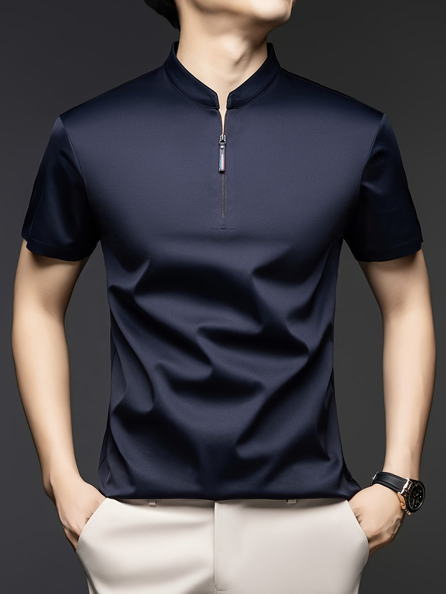 [Josh Mei Obm] Summer Men'S Solid Color Short Sleeve Zipper T-Shirt, Mid-Age Casual Stand-Up Collar Pullover Top - Navy Color