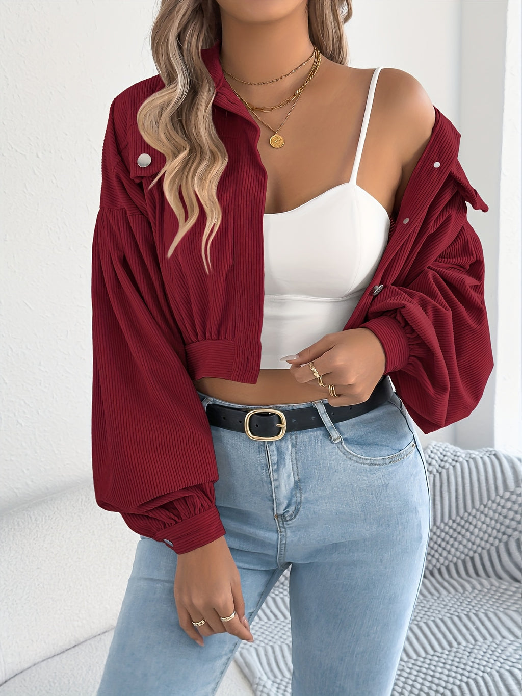 Spring Autumn Casual Vacation Solid Color Single Breasted Lantern Long Sleeve Corduroy Short Coat Women'S Jacket - Burgundy