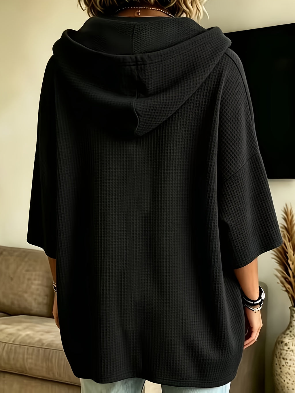 Women's Elegant Casual Solid Color Loose Fit Hooded Fashion Waffle Sweatshirt Top - Black