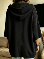 Women's Elegant Casual Solid Color Loose Fit Hooded Fashion Waffle Sweatshirt Top - Black
