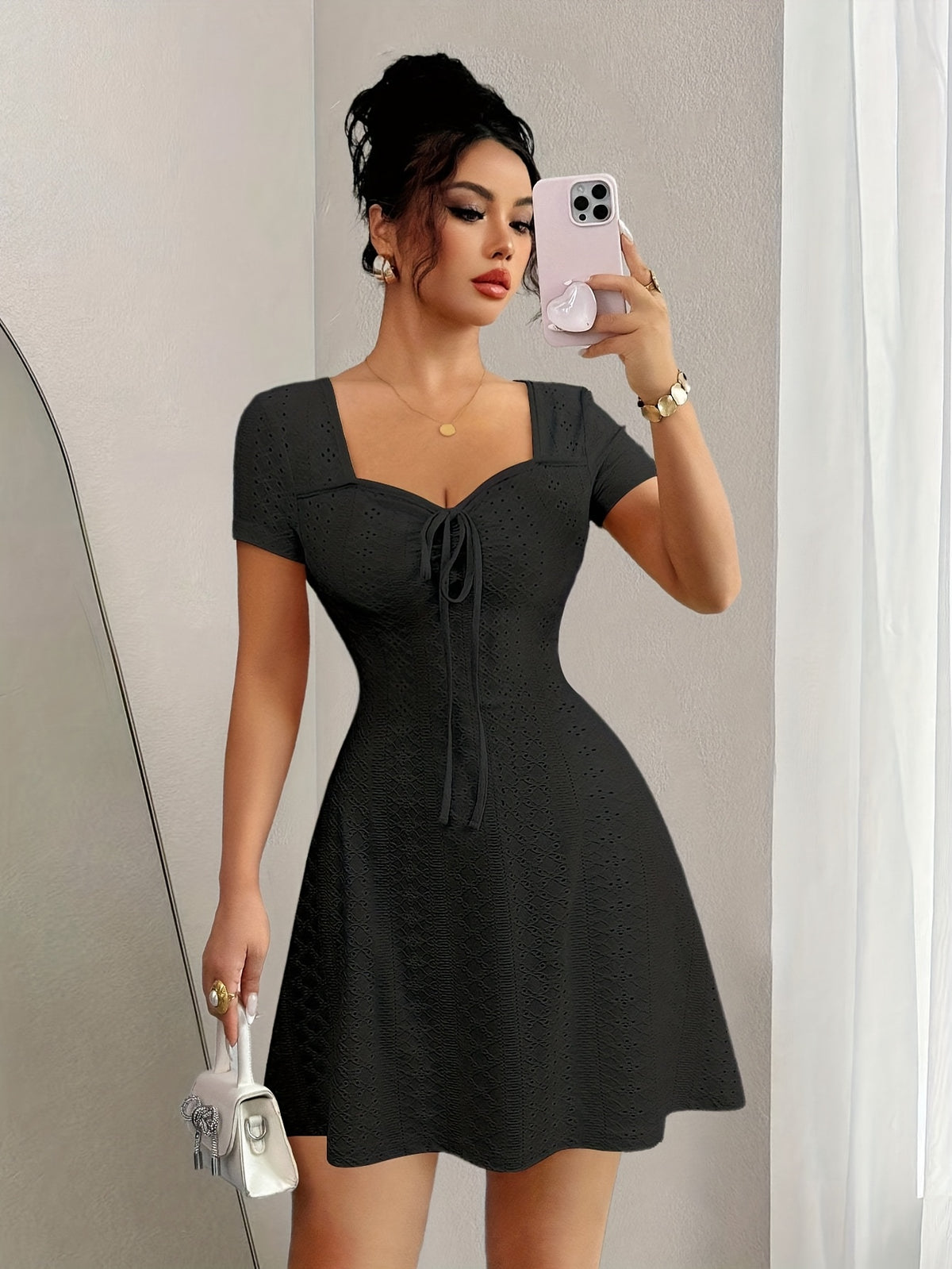 Women'S Summer Jacquard Sexy Slim Fit Mini Dress - Black