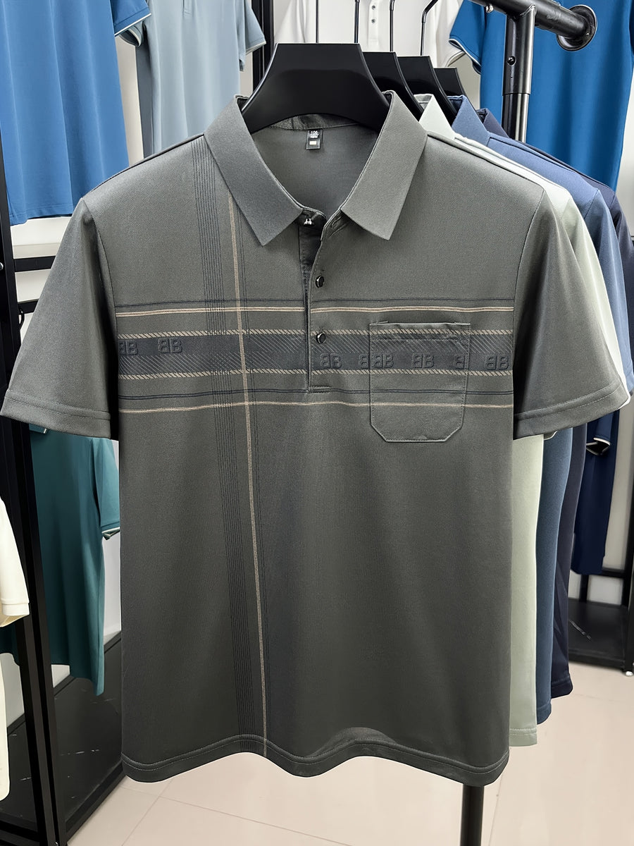New Spring/Summer Men's Polo Shirt, Striped Contrast Color Half-Placket Single-Breasted Lapel Short-Sleeve T-Shirt, Men's Business Casual Fashionable Breathable Versatile Pullover Base Layer Top with Chest Pocket, Suitable for Spring and Summer - Dark Gray