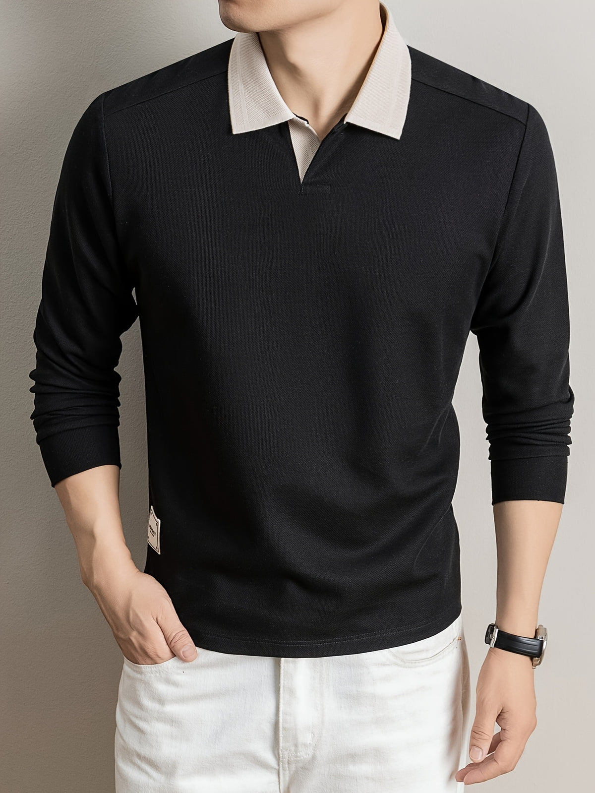 2026 Autumn Men'S Long Sleeve T-Shirt Casual Solid Color Seagull Collar Lapel POLO Shirt - Black