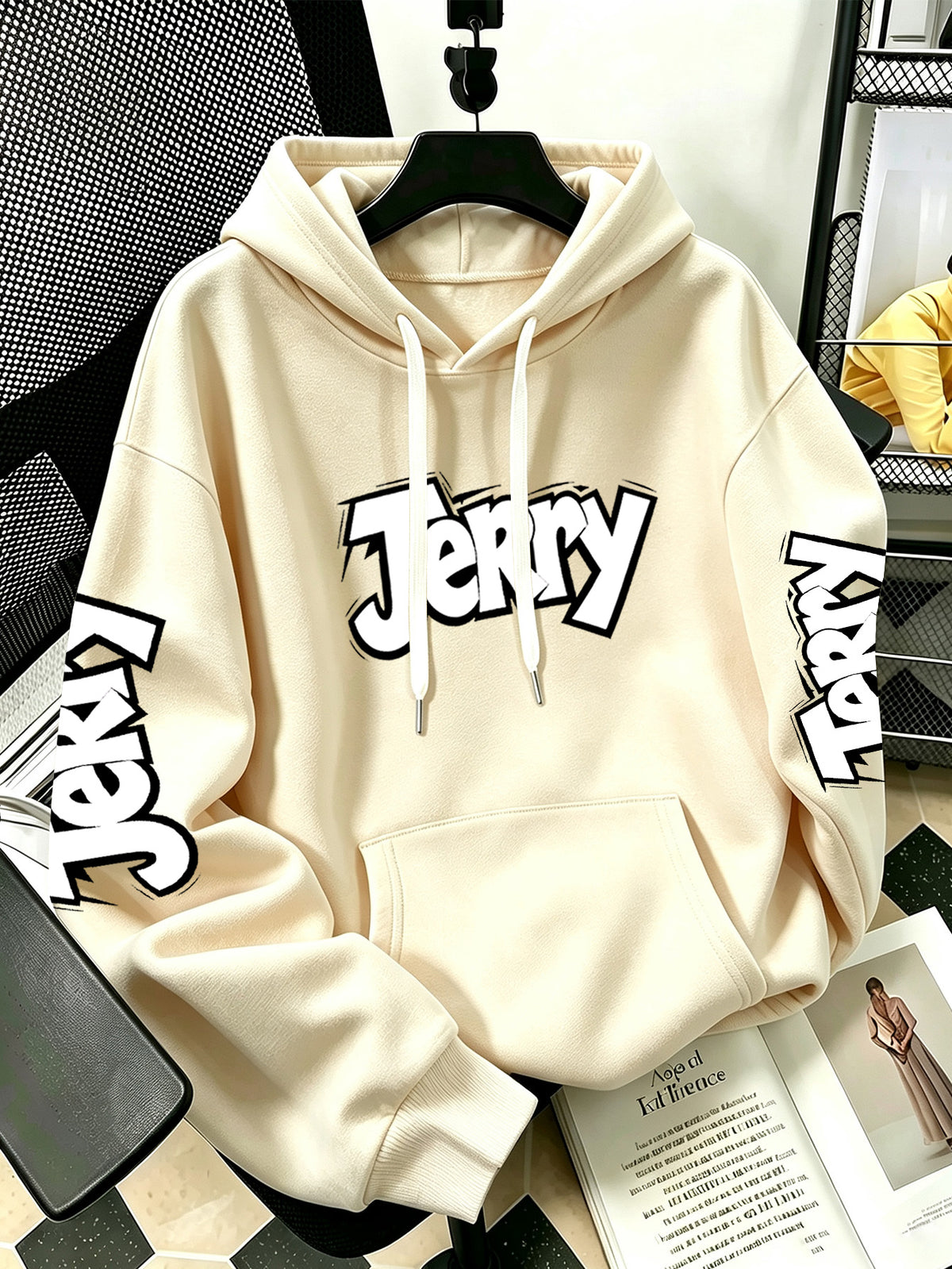 By Warner Bros., 2026 New Fun Cartoon Print, Men's Hoodie, Hooded Sweatshirt, Kangaroo Pocket and Drawstring Hat, Suitable for Daily and Outdoor Sports Wear, Autumn and Winter Warm Jacket, Fashionable Jacket - Apricot