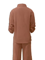 Elegant Women's Casual Cardigan Solid Color Shirt and Pants Set - Loess Ochre