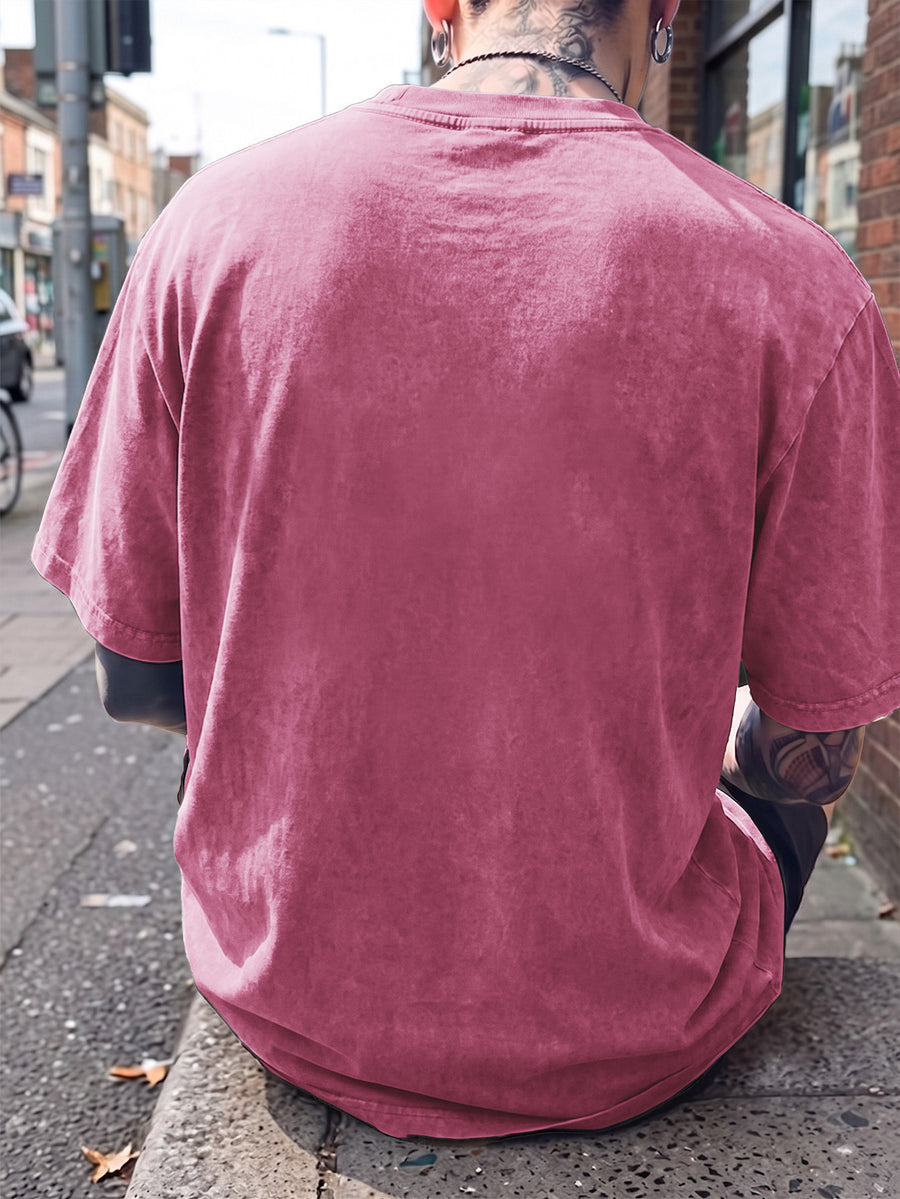 Short Sleeve T-Shirt, Half-Sleeve Top, Pure Cotton Washed Distressed Loose Fit, Compass Print, Multiple Colors for Mix and Match, American Streetwear, Chinese National Trend, High Street, Hip-Hop, Y2K Style, Daily Streetwear, Sports - Rose Red