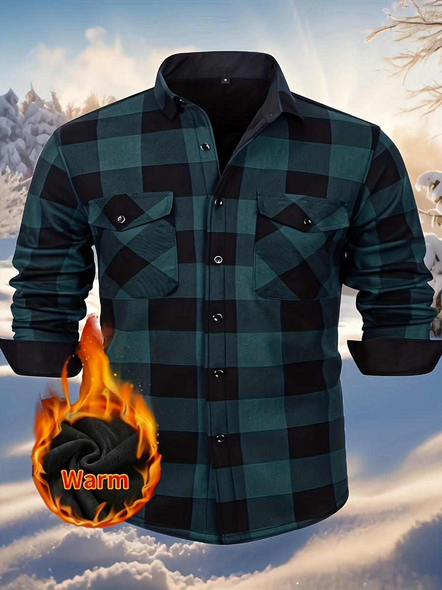 Autumn/Winter Plaid Flannel Shirt for Men, -Lined, Thickened, Warm, Long-Sleeve Workwear Jacket, Casual Top, New Season - Green