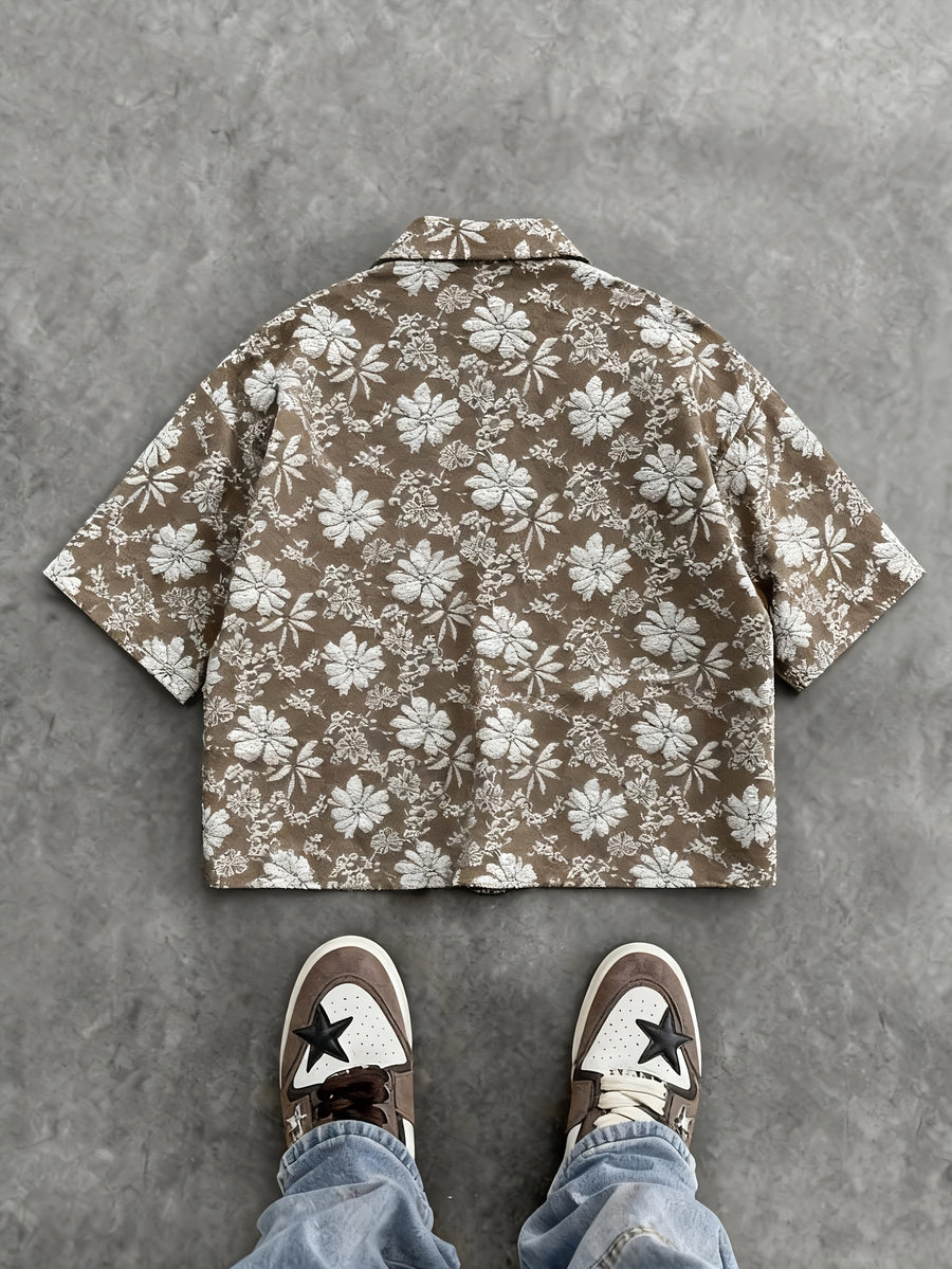 Men'S Fashion New Three-Dimensional Floral Jacquard Fabric Shirt, Full Texture with Rich Layers, Breathable And Light, Not Stuffy. Classic Cuban Collar Design, Summer Lazy And Casual Yet Refined, Daily Commute - Khaki