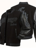 Men's Varsity Jacket Casual, Fashionable, Black Zip High-end Embroidered Baseball Jacket, Splicing PU Long Sleeves College Coat Hip Hop Street Style Pocket Sportswear - Black