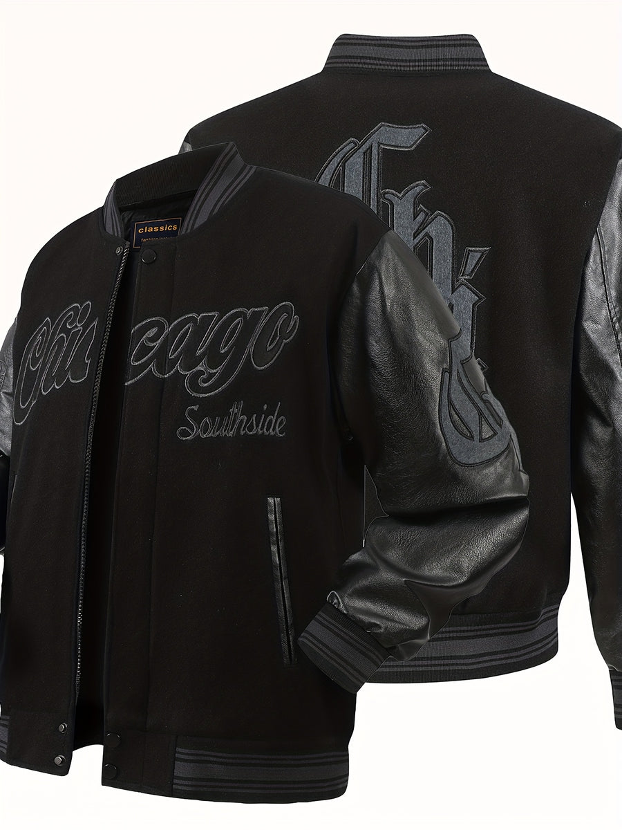 Men's Varsity Jacket Casual, Fashionable, Black Zip High-end Embroidered Baseball Jacket, Splicing PU Long Sleeves College Coat Hip Hop Street Style Pocket Sportswear - Black