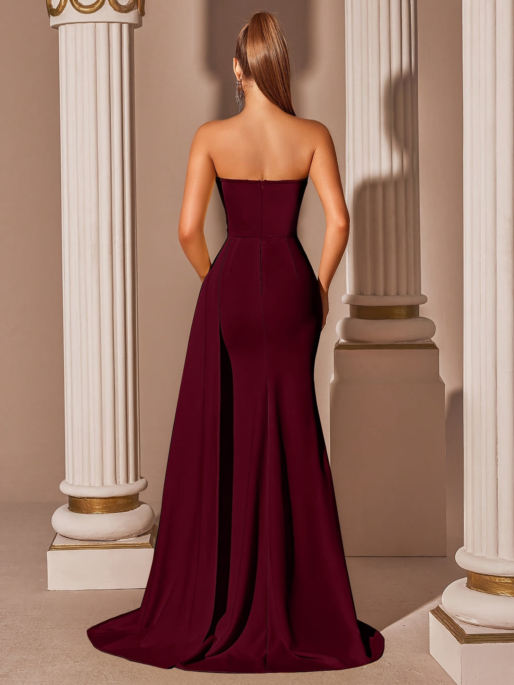 Women's Elegant High-Waisted Slit Long Ribbon Backless Tie Dress for Graduation Party - Burgundy