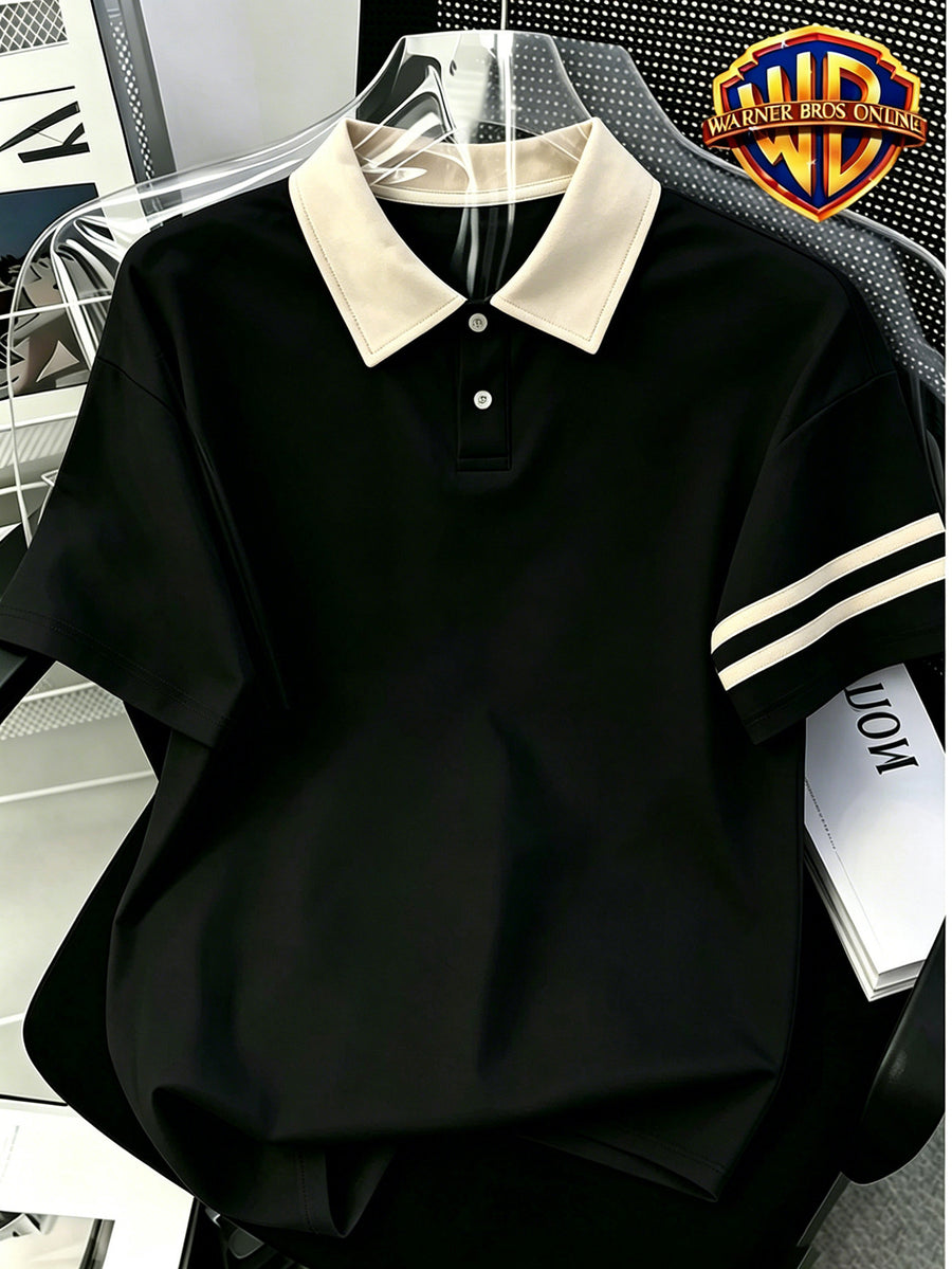 1pc, American Retro Easy Style Versatile Polo Shirt, Preppy Casual Couple Short Sleeve Top, Summer Daily Outing, Campus Wear, Student Couple Choice - Unisex - Black